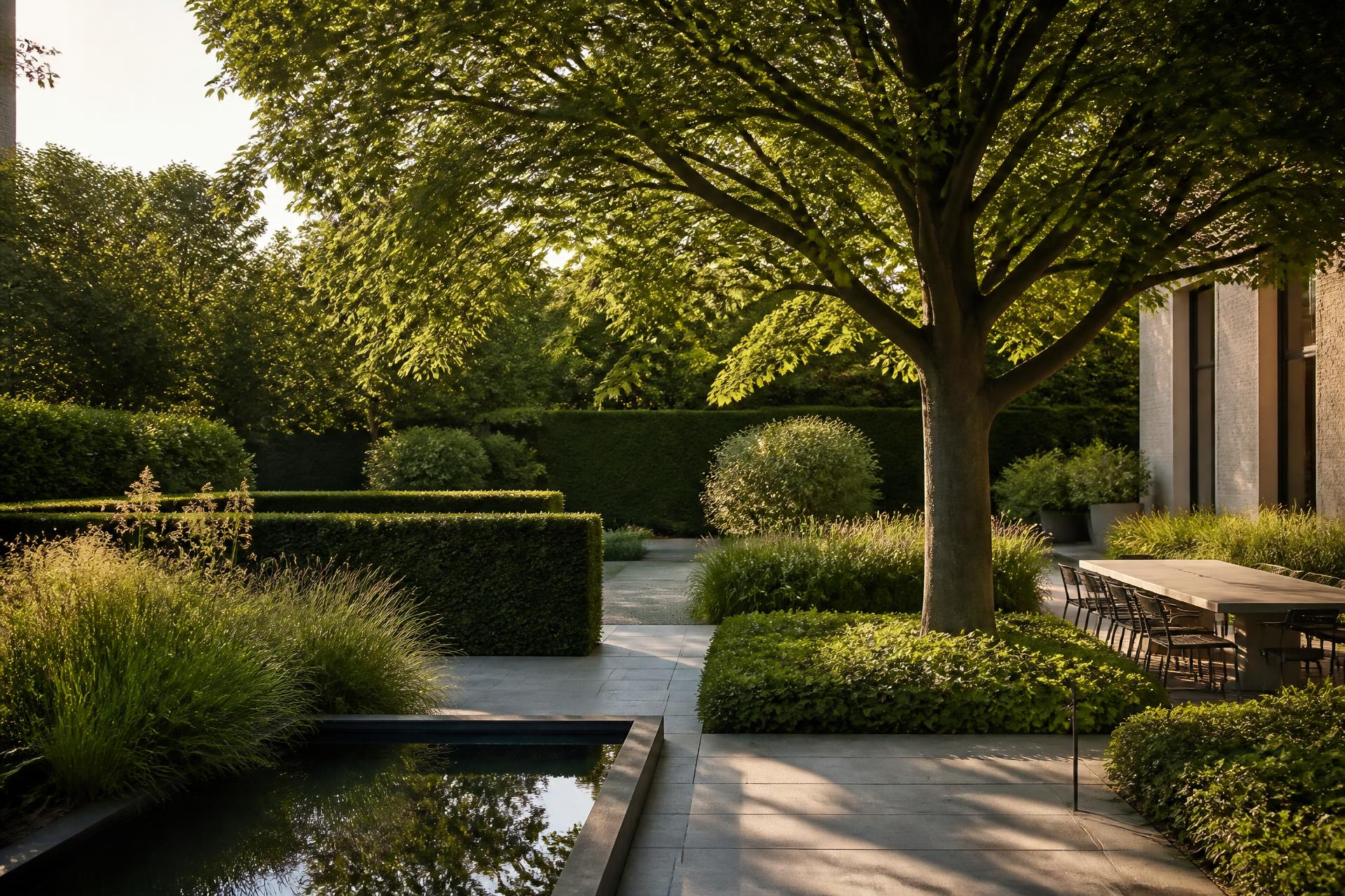 Zorgvuldig aangelegde tuin met terras en border