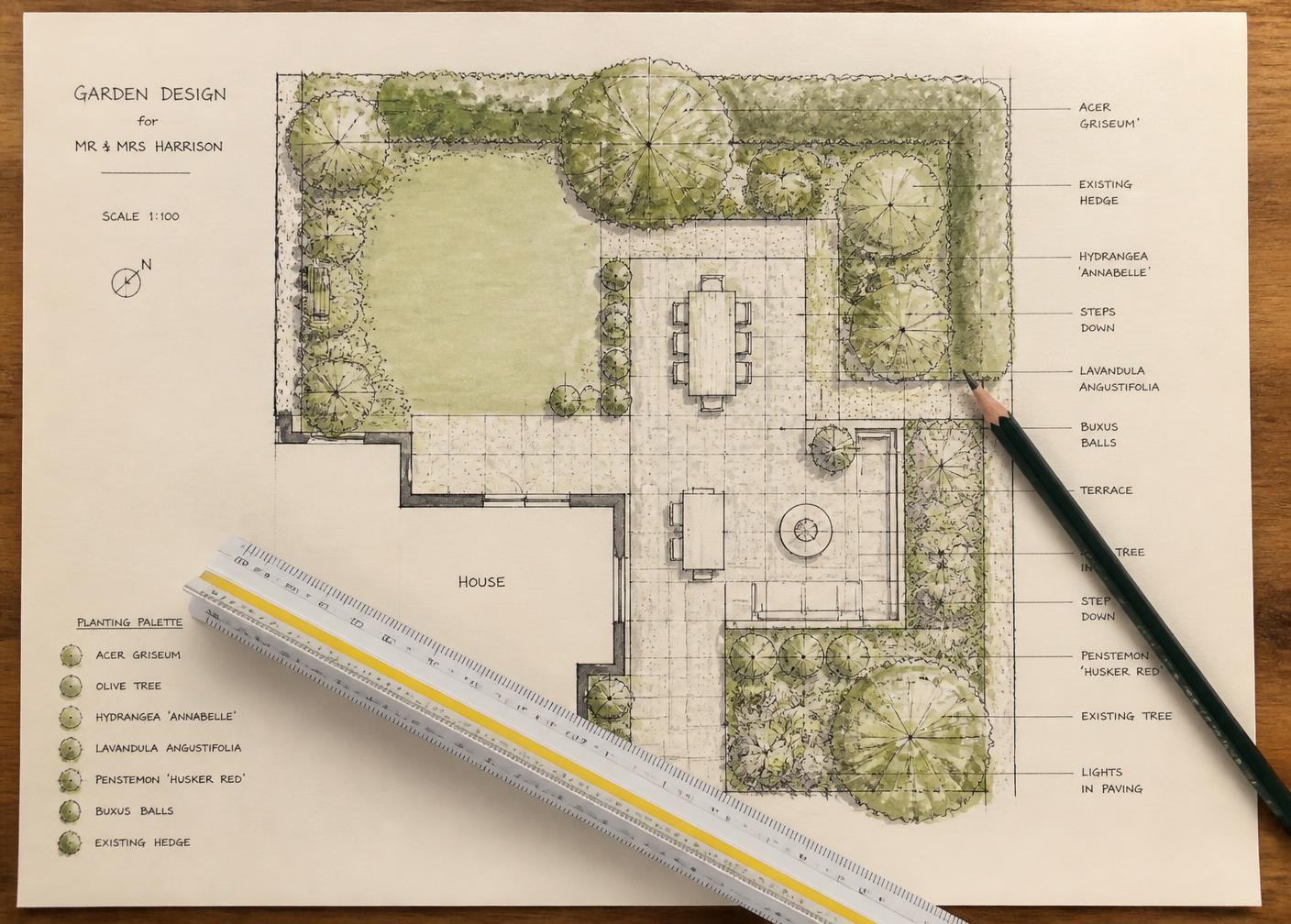 Tuinontwerp op schaal met beplantingsplan