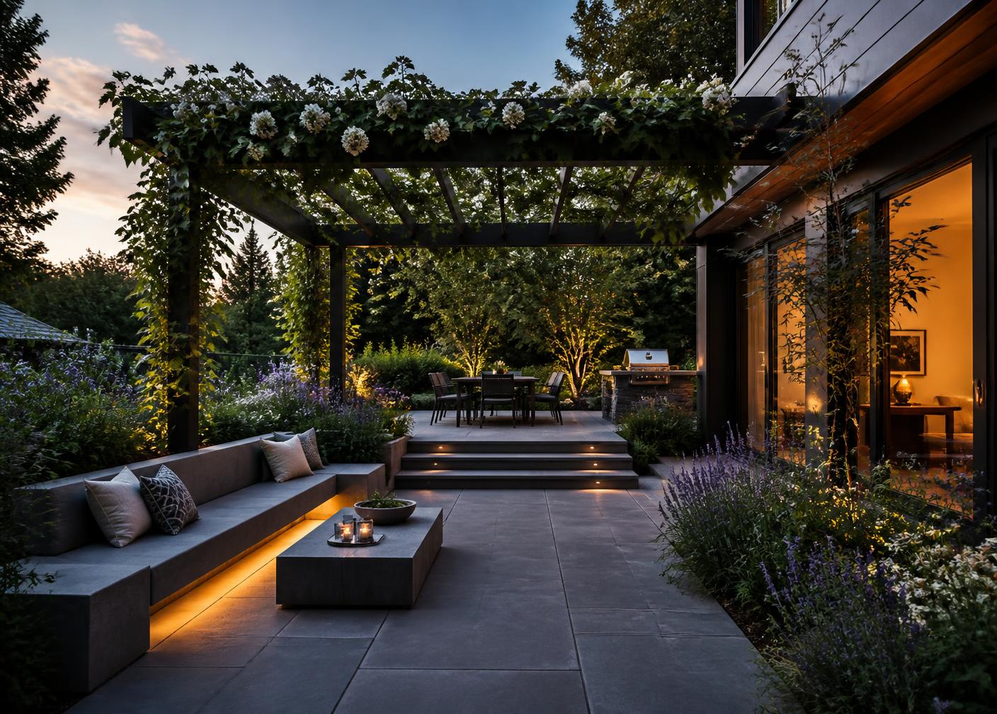 Terras in natuursteen met beplanting eromheen